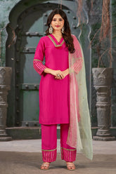 Hot Pink Straight Art Silk Kurta Set with Trousers and Dupatta-CL-KPD-138